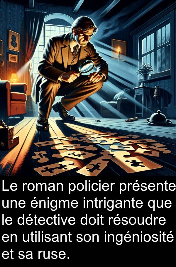 utilisant: Le roman policier présente une énigme intrigante que le détective doit résoudre en utilisant son ingéniosité et sa ruse.