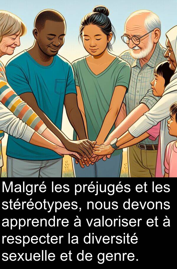 valoriser: Malgré les préjugés et les stéréotypes, nous devons apprendre à valoriser et à respecter la diversité sexuelle et de genre.