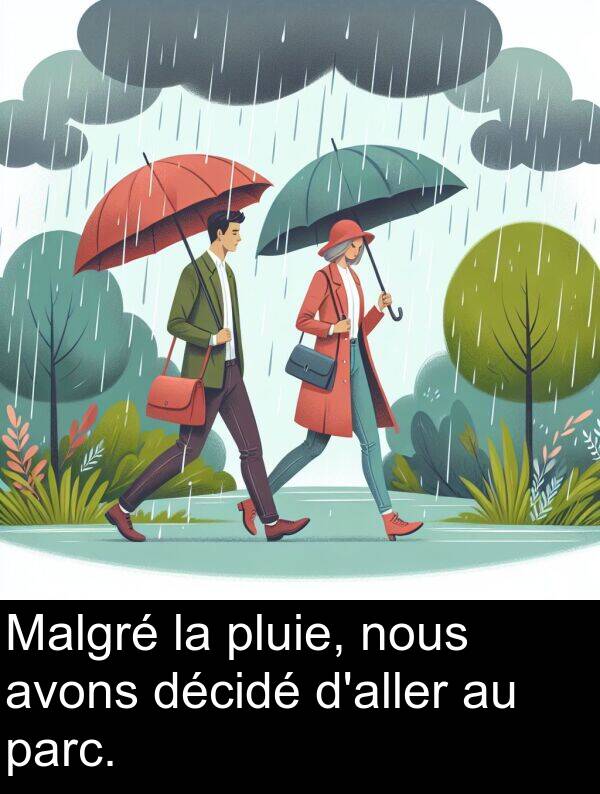 parc: Malgré la pluie, nous avons décidé d'aller au parc.