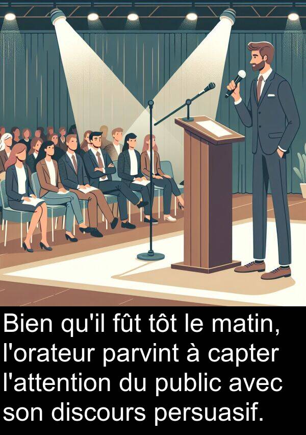 fût: Bien qu'il fût tôt le matin, l'orateur parvint à capter l'attention du public avec son discours persuasif.