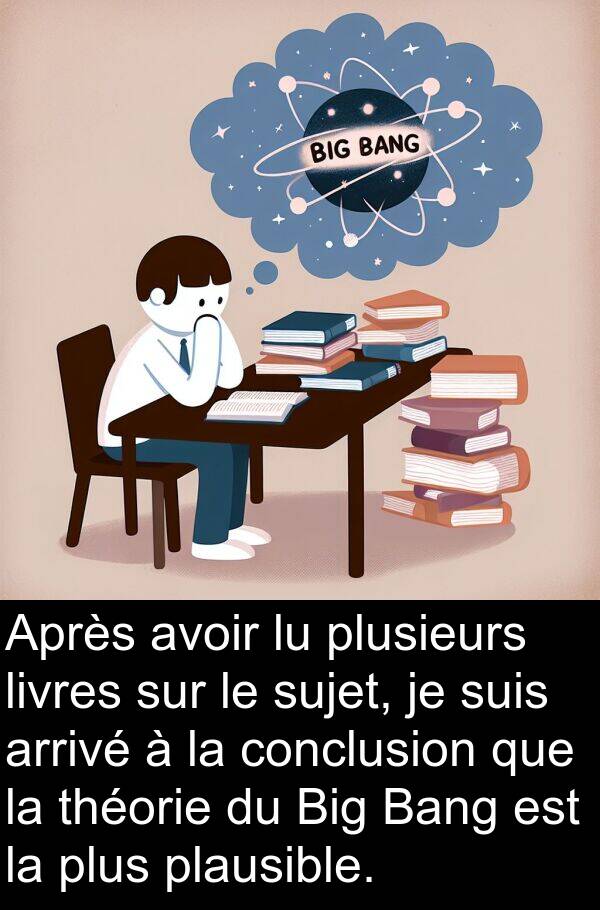 livres: Après avoir lu plusieurs livres sur le sujet, je suis arrivé à la conclusion que la théorie du Big Bang est la plus plausible.