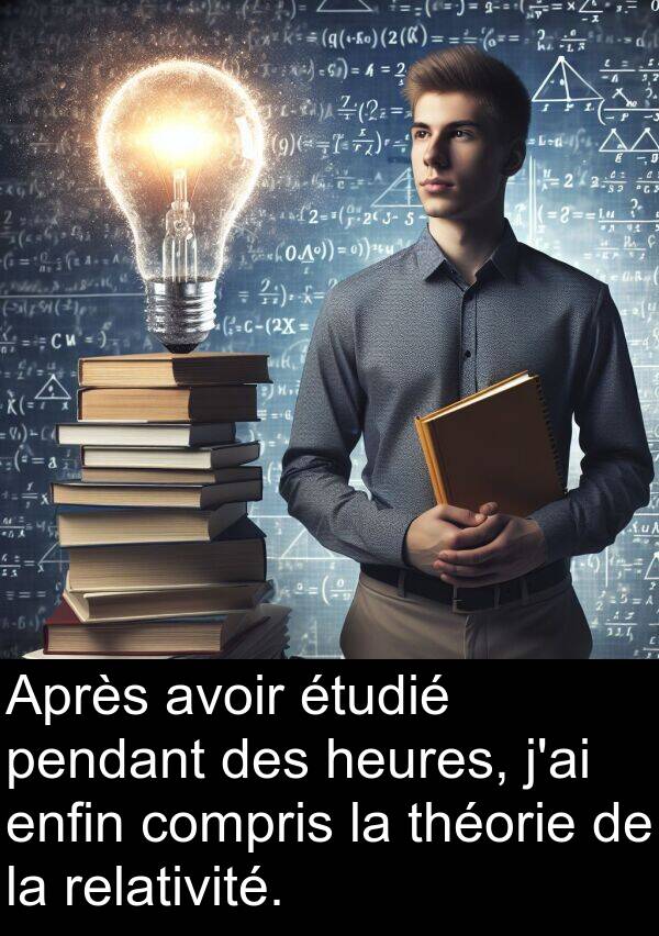 heures: Après avoir étudié pendant des heures, j'ai enfin compris la théorie de la relativité.