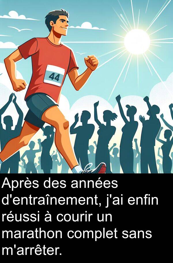 sans: Après des années d'entraînement, j'ai enfin réussi à courir un marathon complet sans m'arrêter.