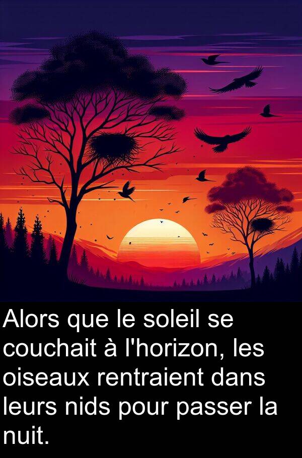 oiseaux: Alors que le soleil se couchait à l'horizon, les oiseaux rentraient dans leurs nids pour passer la nuit.