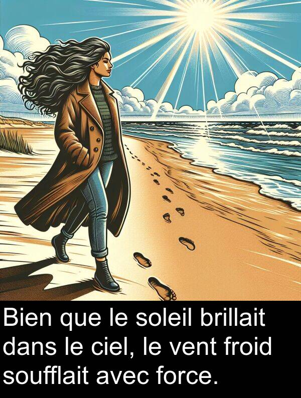 vent: Bien que le soleil brillait dans le ciel, le vent froid soufflait avec force.