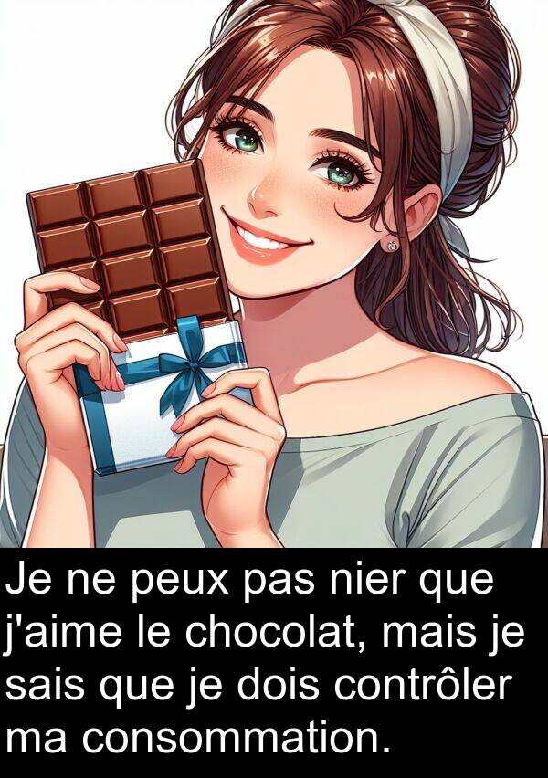 sais: Je ne peux pas nier que j'aime le chocolat, mais je sais que je dois contrôler ma consommation.