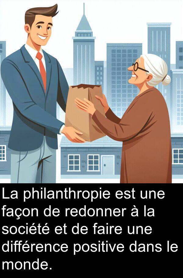 façon: La philanthropie est une façon de redonner à la société et de faire une différence positive dans le monde.