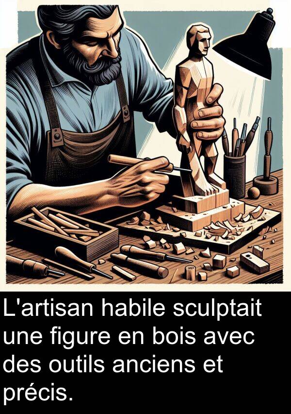 figure: L'artisan habile sculptait une figure en bois avec des outils anciens et précis.