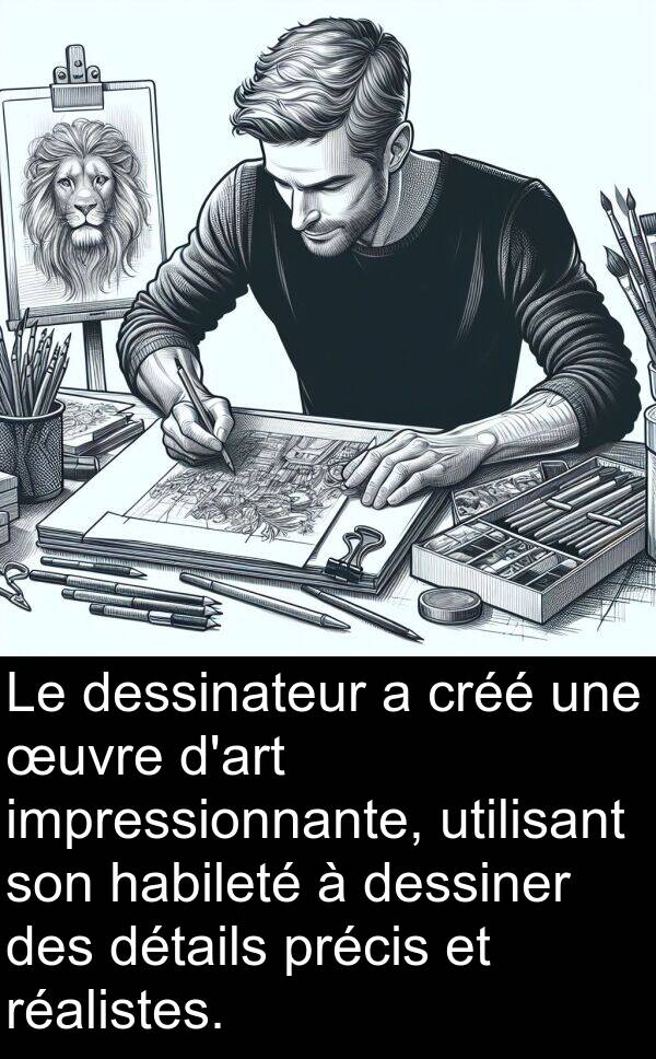 utilisant: Le dessinateur a créé une œuvre d'art impressionnante, utilisant son habileté à dessiner des détails précis et réalistes.