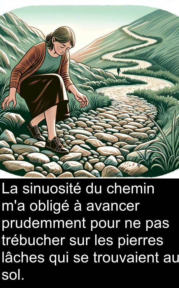 lâches: La sinuosité du chemin m'a obligé à avancer prudemment pour ne pas trébucher sur les pierres lâches qui se trouvaient au sol.