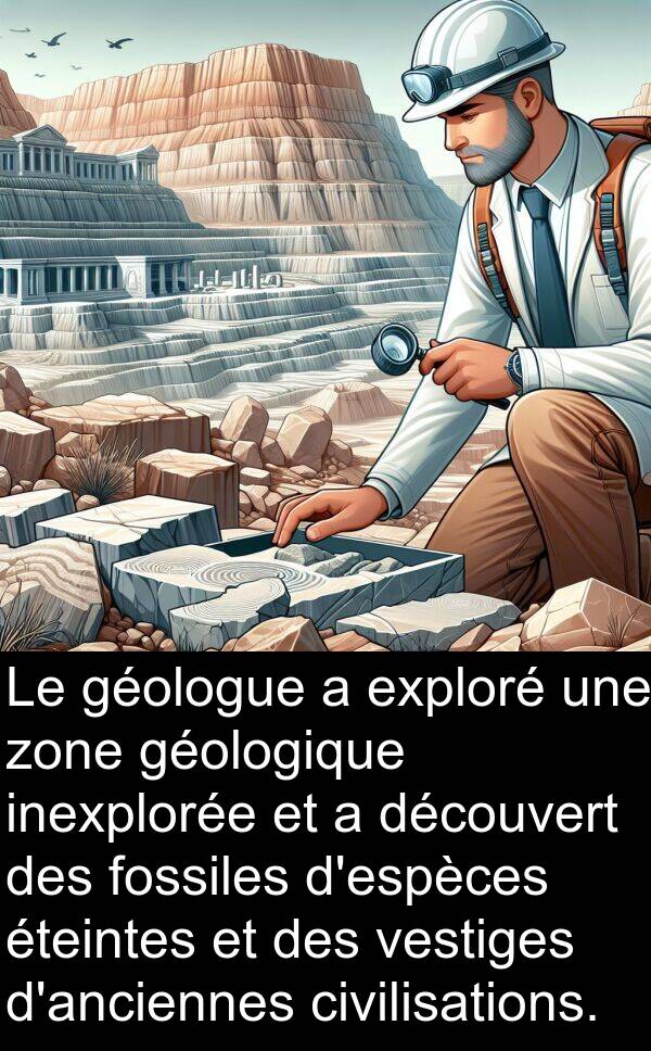 vestiges: Le géologue a exploré une zone géologique inexplorée et a découvert des fossiles d'espèces éteintes et des vestiges d'anciennes civilisations.