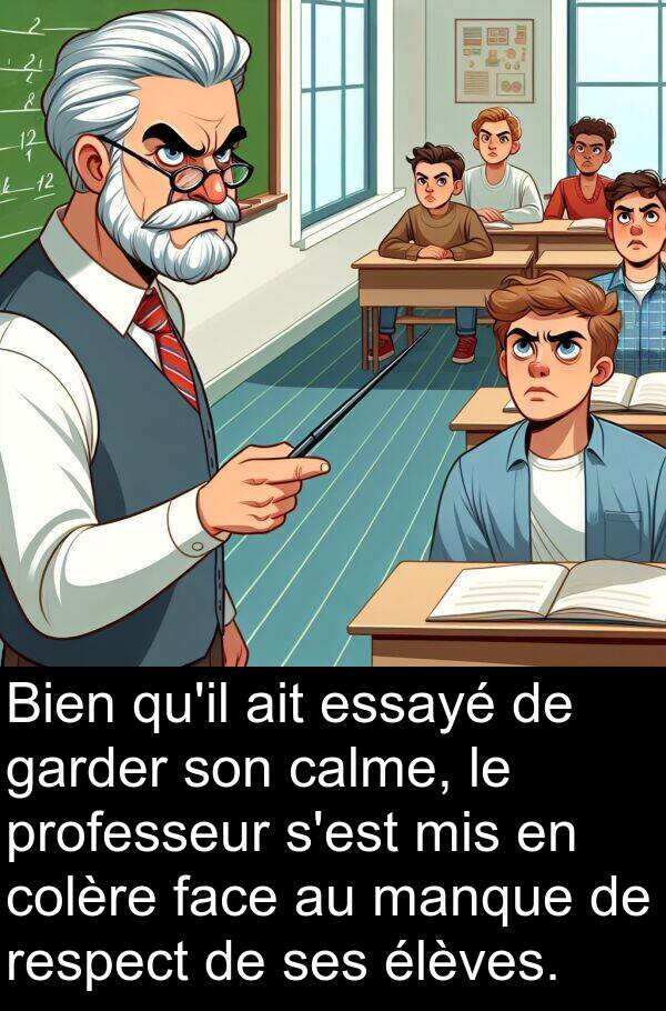 face: Bien qu'il ait essayé de garder son calme, le professeur s'est mis en colère face au manque de respect de ses élèves.