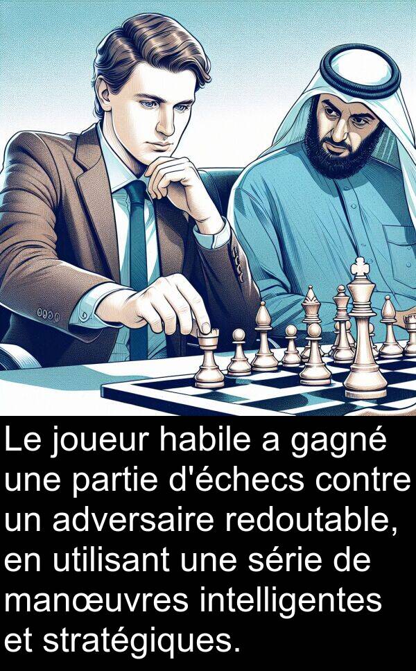 utilisant: Le joueur habile a gagné une partie d'échecs contre un adversaire redoutable, en utilisant une série de manœuvres intelligentes et stratégiques.