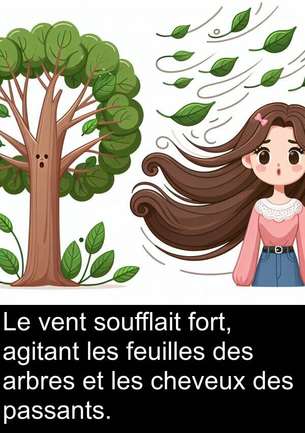 agitant: Le vent soufflait fort, agitant les feuilles des arbres et les cheveux des passants.