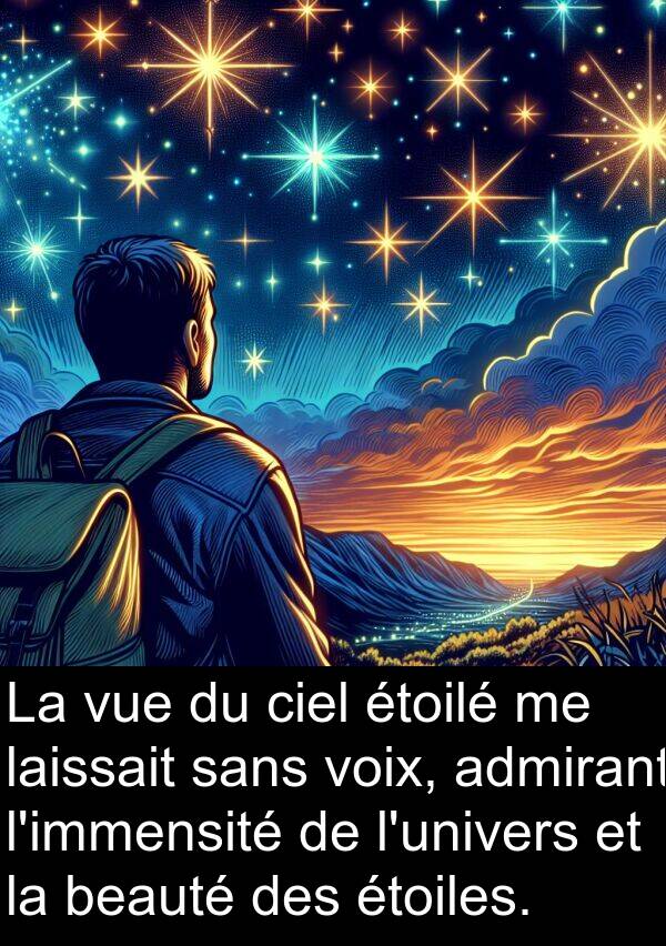 voix: La vue du ciel étoilé me laissait sans voix, admirant l'immensité de l'univers et la beauté des étoiles.