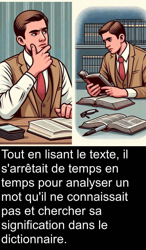 lisant: Tout en lisant le texte, il s'arrêtait de temps en temps pour analyser un mot qu'il ne connaissait pas et chercher sa signification dans le dictionnaire.