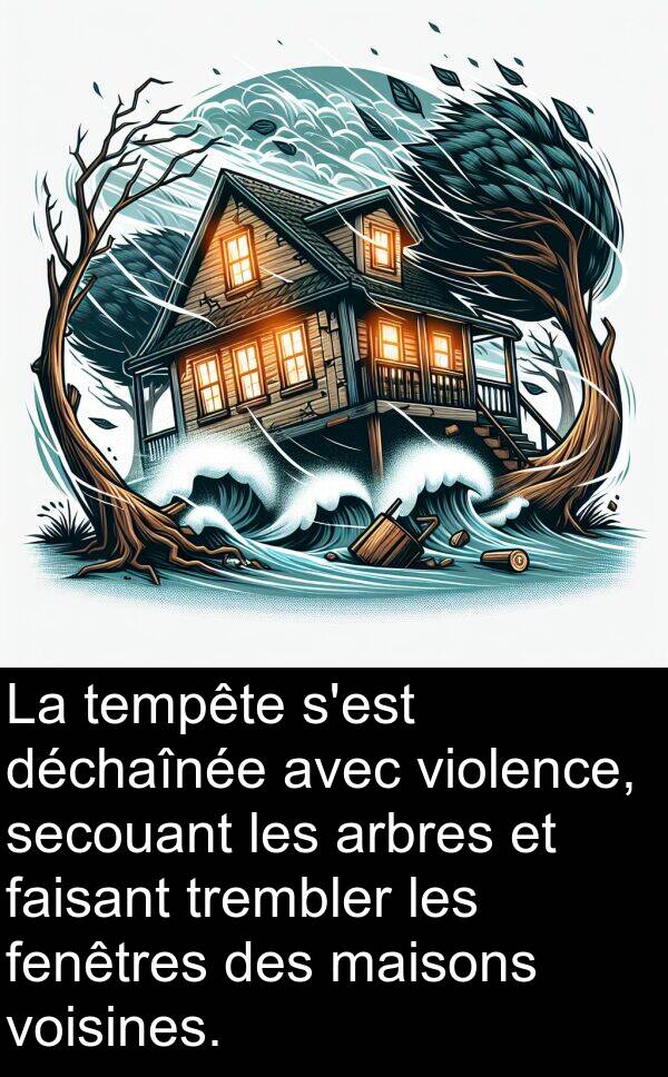 arbres: La tempête s'est déchaînée avec violence, secouant les arbres et faisant trembler les fenêtres des maisons voisines.