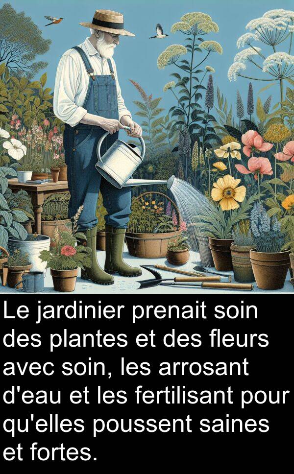 prenait: Le jardinier prenait soin des plantes et des fleurs avec soin, les arrosant d'eau et les fertilisant pour qu'elles poussent saines et fortes.