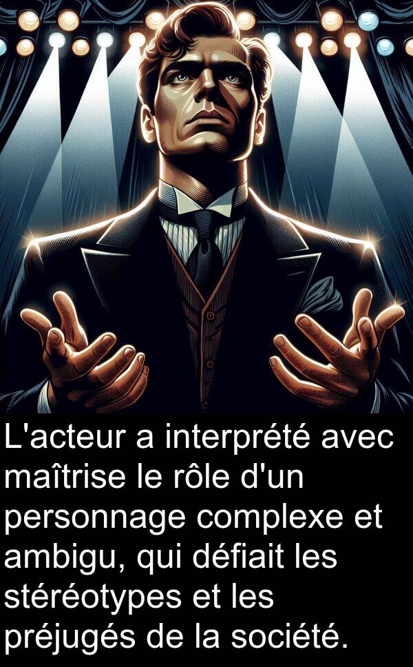 ambigu: L'acteur a interprété avec maîtrise le rôle d'un personnage complexe et ambigu, qui défiait les stéréotypes et les préjugés de la société.