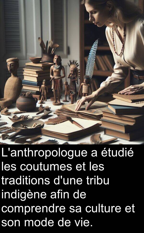 afin: L'anthropologue a étudié les coutumes et les traditions d'une tribu indigène afin de comprendre sa culture et son mode de vie.