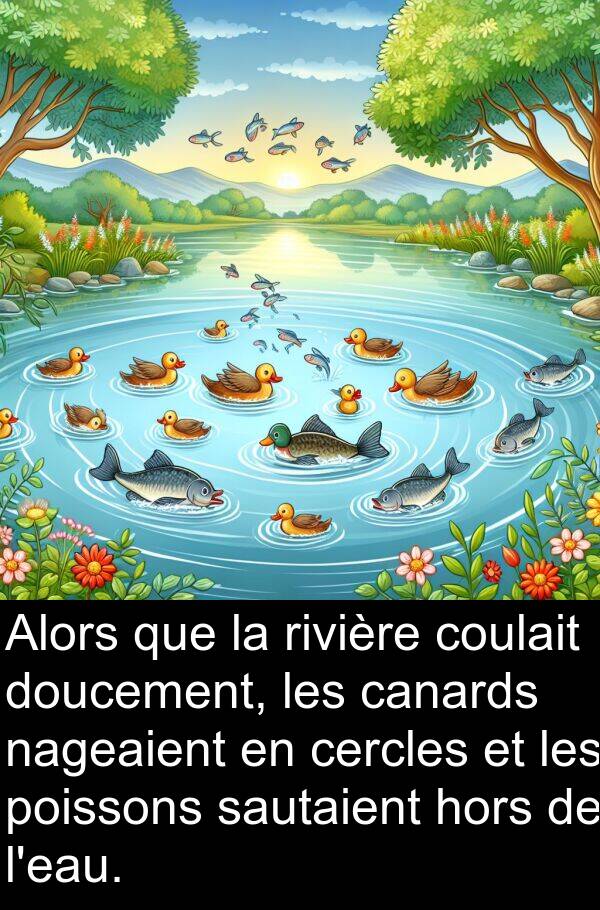 rivière: Alors que la rivière coulait doucement, les canards nageaient en cercles et les poissons sautaient hors de l'eau.