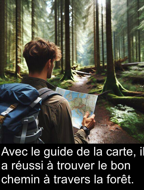 bon: Avec le guide de la carte, il a réussi à trouver le bon chemin à travers la forêt.