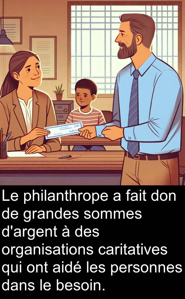 organisations: Le philanthrope a fait don de grandes sommes d'argent à des organisations caritatives qui ont aidé les personnes dans le besoin.