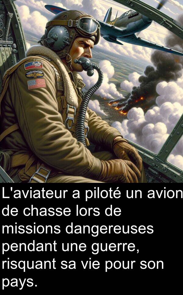 avion: L'aviateur a piloté un avion de chasse lors de missions dangereuses pendant une guerre, risquant sa vie pour son pays.