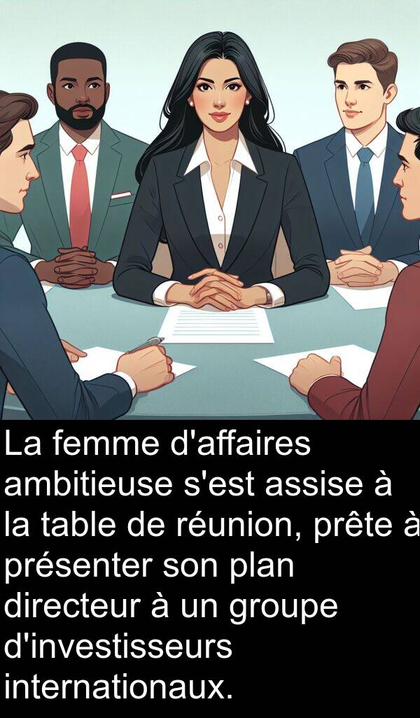 assise: La femme d'affaires ambitieuse s'est assise à la table de réunion, prête à présenter son plan directeur à un groupe d'investisseurs internationaux.