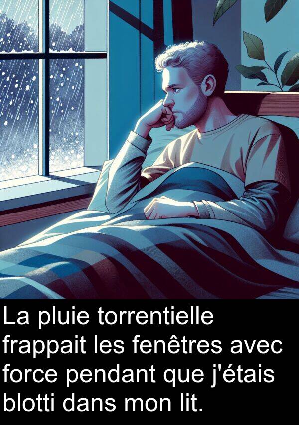 fenêtres: La pluie torrentielle frappait les fenêtres avec force pendant que j'étais blotti dans mon lit.