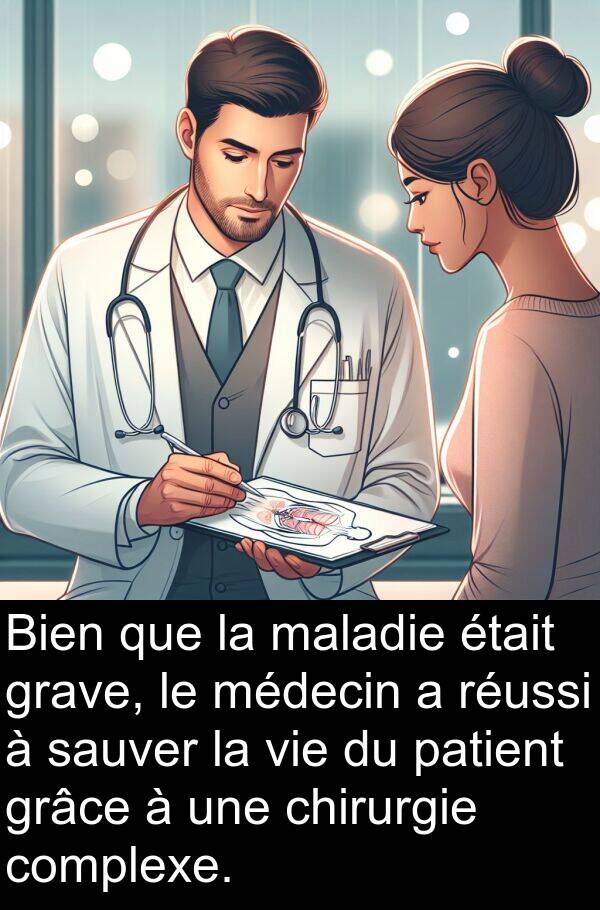 réussi: Bien que la maladie était grave, le médecin a réussi à sauver la vie du patient grâce à une chirurgie complexe.