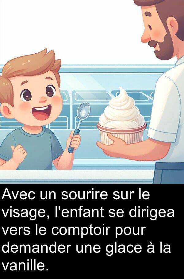 vanille: Avec un sourire sur le visage, l'enfant se dirigea vers le comptoir pour demander une glace à la vanille.