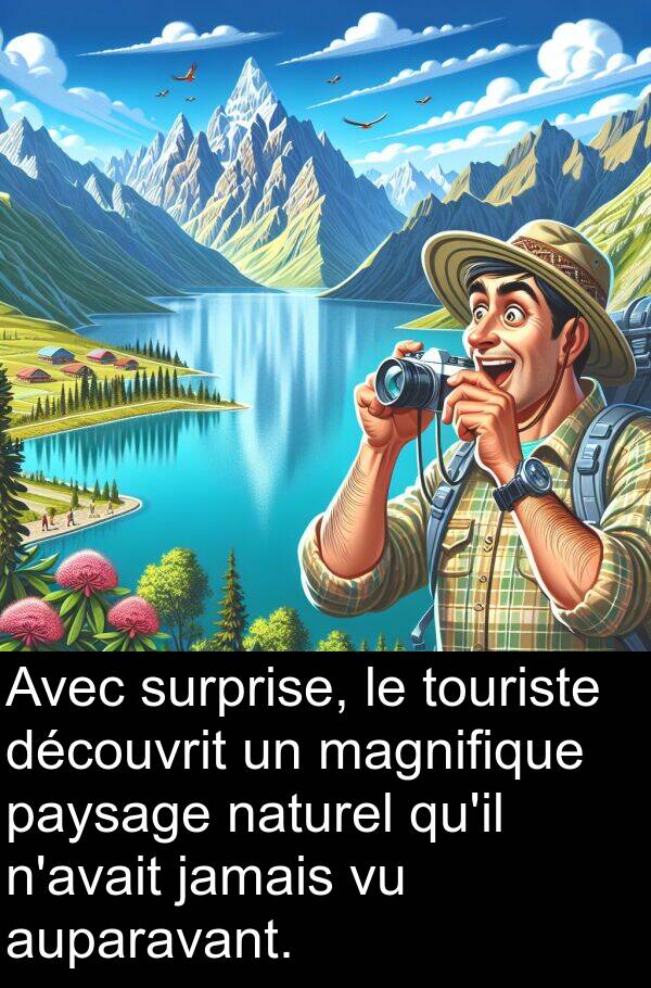 magnifique: Avec surprise, le touriste découvrit un magnifique paysage naturel qu'il n'avait jamais vu auparavant.