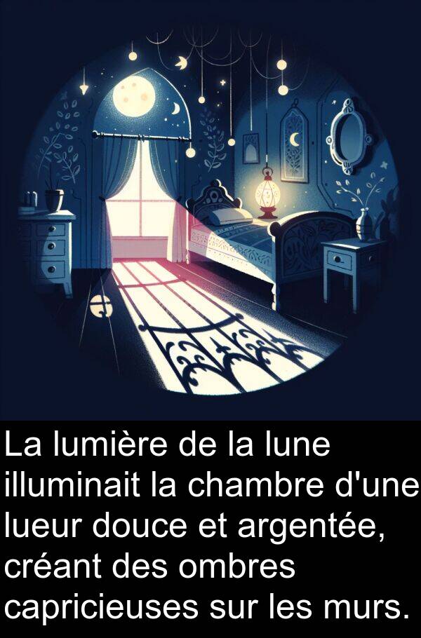 argentée: La lumière de la lune illuminait la chambre d'une lueur douce et argentée, créant des ombres capricieuses sur les murs.