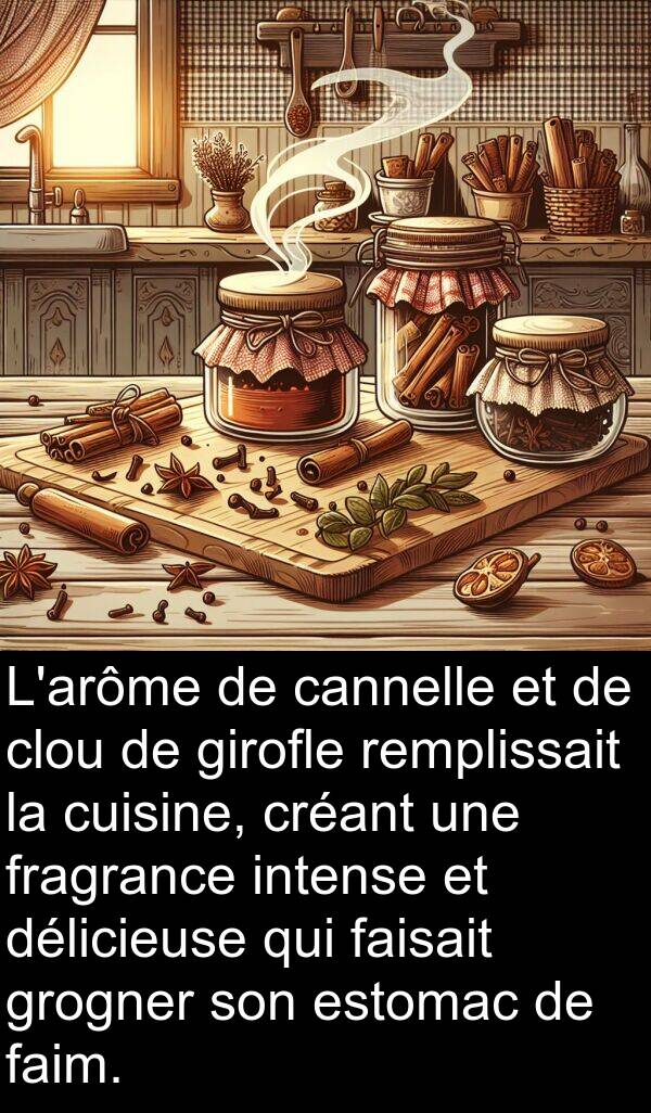 faisait: L'arôme de cannelle et de clou de girofle remplissait la cuisine, créant une fragrance intense et délicieuse qui faisait grogner son estomac de faim.