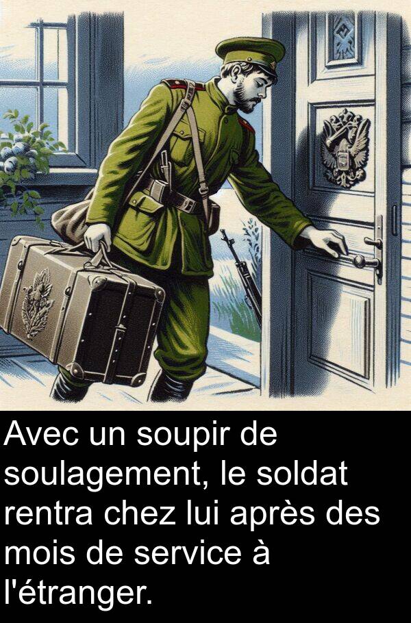 après: Avec un soupir de soulagement, le soldat rentra chez lui après des mois de service à l'étranger.