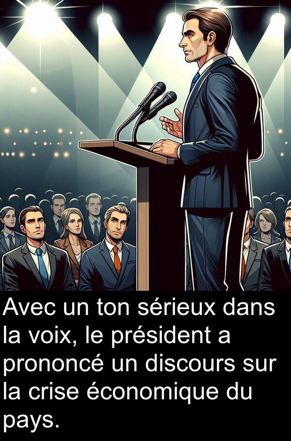 voix: Avec un ton sérieux dans la voix, le président a prononcé un discours sur la crise économique du pays.