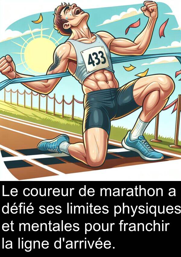 ligne: Le coureur de marathon a défié ses limites physiques et mentales pour franchir la ligne d'arrivée.