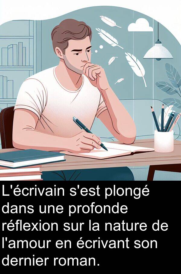 roman: L'écrivain s'est plongé dans une profonde réflexion sur la nature de l'amour en écrivant son dernier roman.