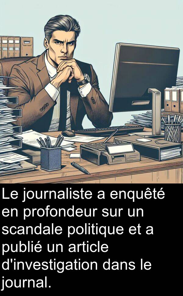 article: Le journaliste a enquêté en profondeur sur un scandale politique et a publié un article d'investigation dans le journal.