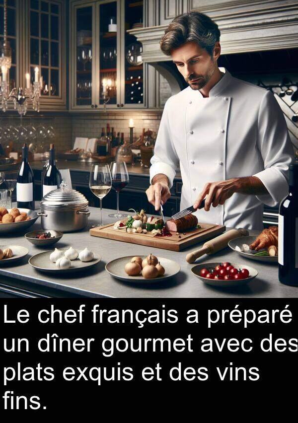 vins: Le chef français a préparé un dîner gourmet avec des plats exquis et des vins fins.