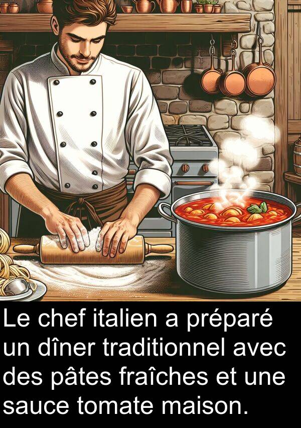 pâtes: Le chef italien a préparé un dîner traditionnel avec des pâtes fraîches et une sauce tomate maison.