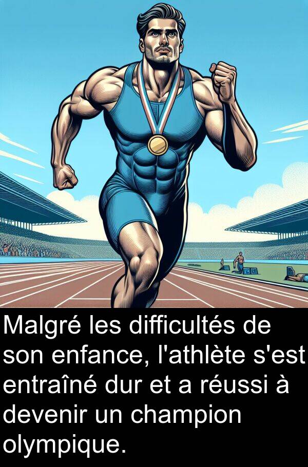 réussi: Malgré les difficultés de son enfance, l'athlète s'est entraîné dur et a réussi à devenir un champion olympique.