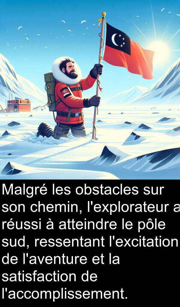 satisfaction: Malgré les obstacles sur son chemin, l'explorateur a réussi à atteindre le pôle sud, ressentant l'excitation de l'aventure et la satisfaction de l'accomplissement.