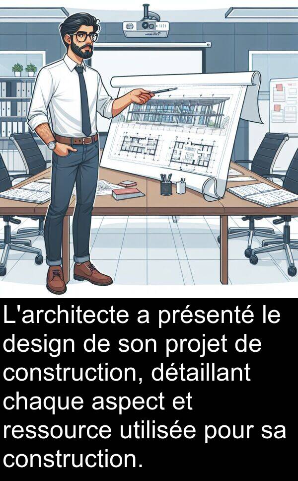 utilisée: L'architecte a présenté le design de son projet de construction, détaillant chaque aspect et ressource utilisée pour sa construction.