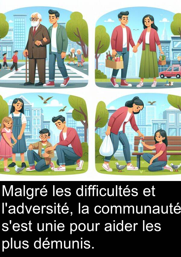 unie: Malgré les difficultés et l'adversité, la communauté s'est unie pour aider les plus démunis.