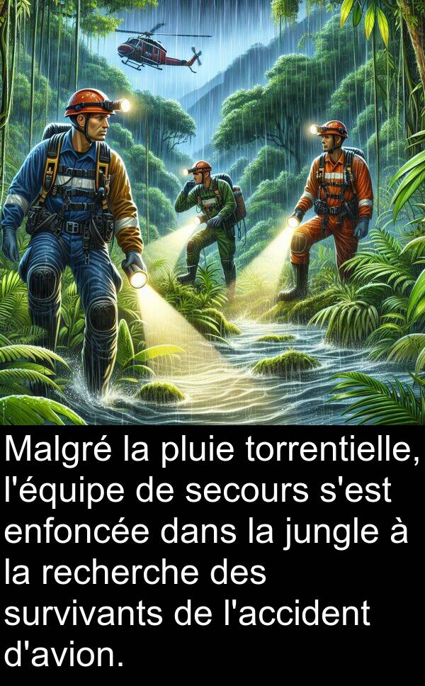 pluie: Malgré la pluie torrentielle, l'équipe de secours s'est enfoncée dans la jungle à la recherche des survivants de l'accident d'avion.