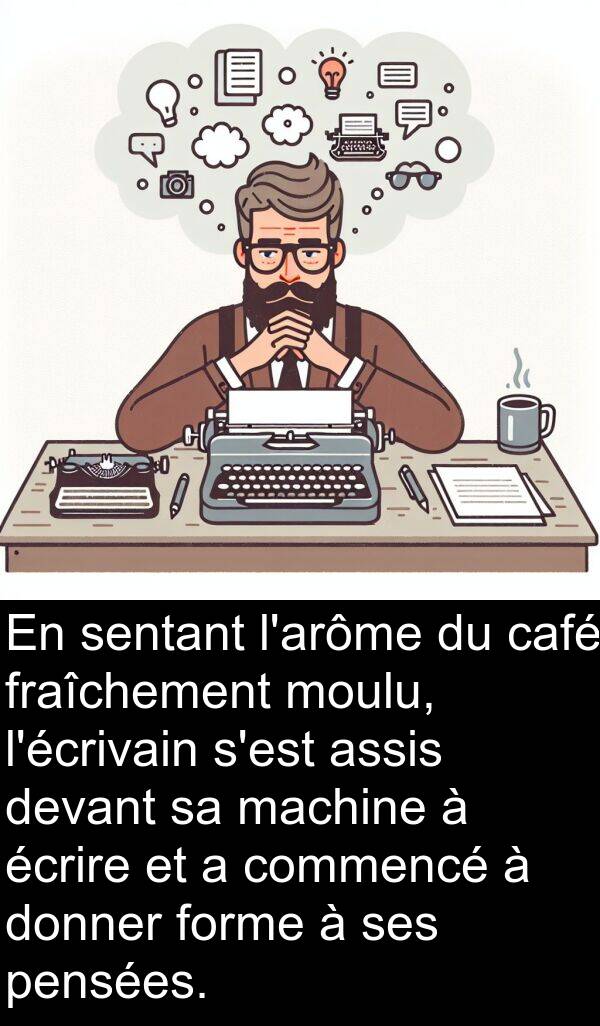 assis: En sentant l'arôme du café fraîchement moulu, l'écrivain s'est assis devant sa machine à écrire et a commencé à donner forme à ses pensées.