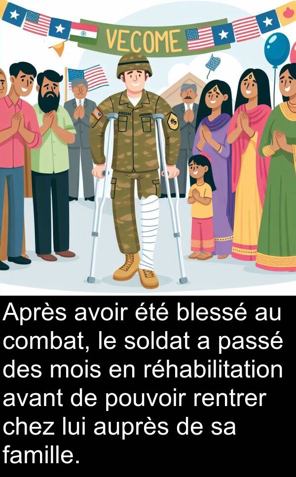 auprès: Après avoir été blessé au combat, le soldat a passé des mois en réhabilitation avant de pouvoir rentrer chez lui auprès de sa famille.