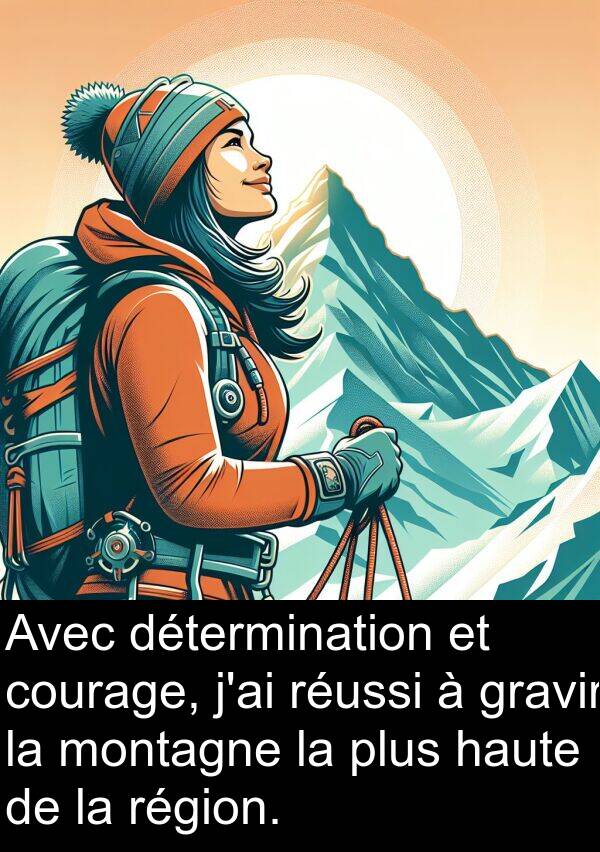 haute: Avec détermination et courage, j'ai réussi à gravir la montagne la plus haute de la région.